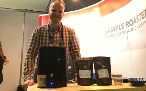 Tumi roasting his competition coffee on the IKAWA stand at Dublin WOC 2016